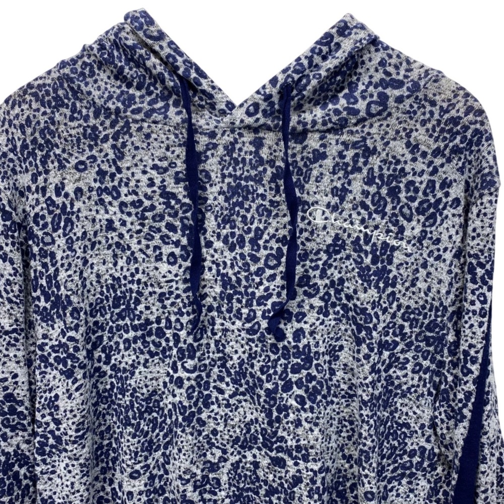 Champion Womens Blue Leopard Print Cropped Hoodie Sweatshirt Size L Long Sleeve